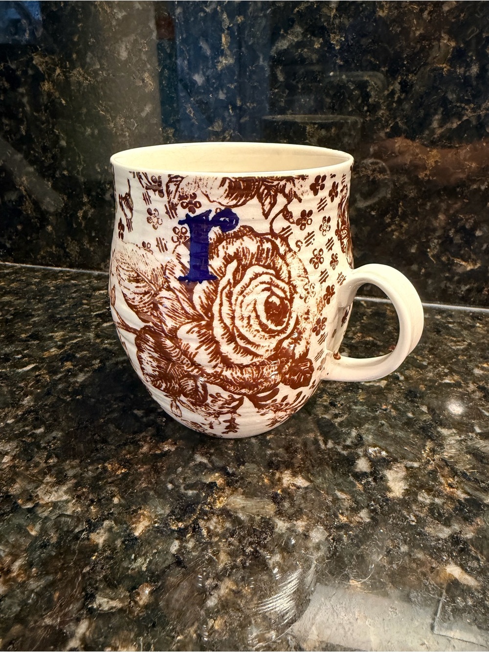Anthropologie Homegrown Monogram R Cream Mug with Brown Floral and Blue Letter